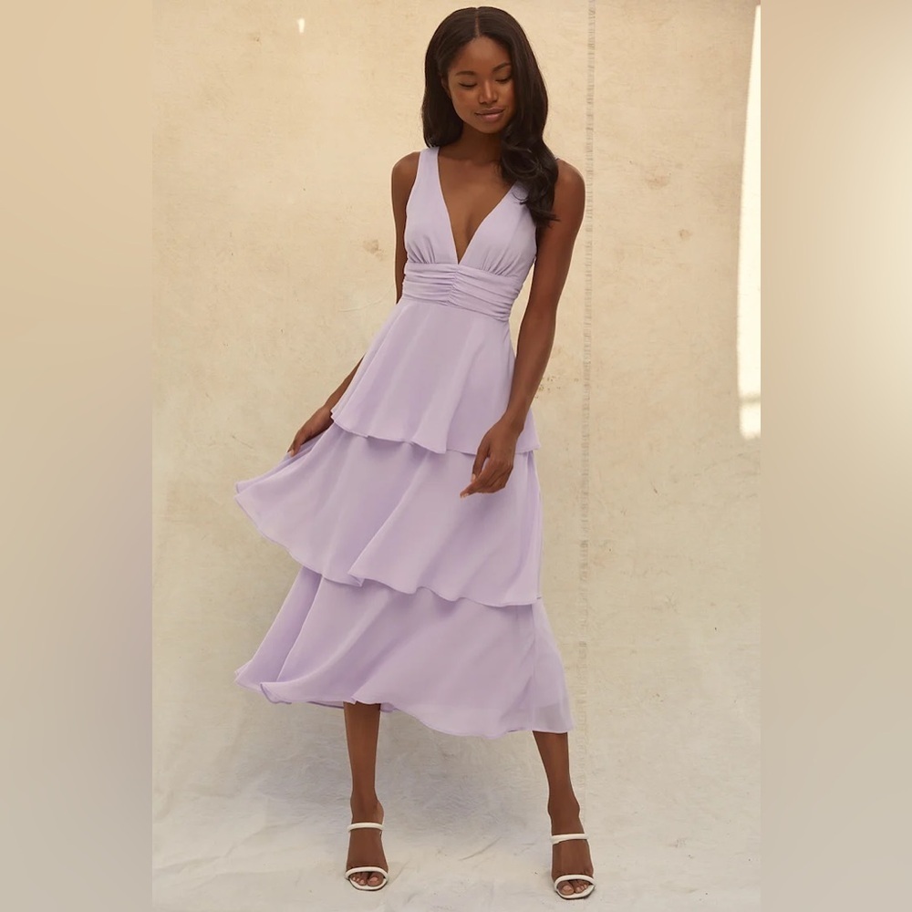 Lulus Celebration Time Lavender Sleeveless Tiered
Midi Dress